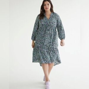Penningtons Blue Floral Long Sleeve Tiered Peasant Prairie Dress Plus Size 22